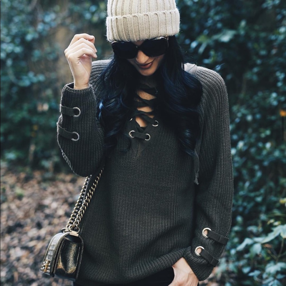 Black Lace Up Knit Oversized Sweater - Picture 3 of 8